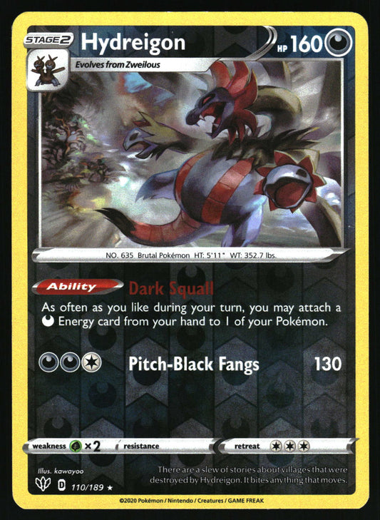 A single Pokémon trading card for the character Hydreigon, shown straight-on against a black background. The card has a yellow border, artwork of the creature in the center, and text including 'Hydreigon', '160', 'Dark Squall', and 'Pitch-Black Fangs'.