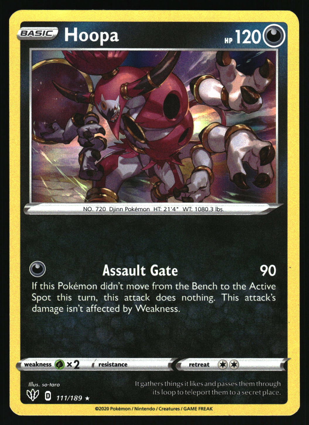 A Pokémon trading card featuring Hoopa, a red and white armored creature. The card has a yellow border, black and dark gray text area, and shows the attack name 'Assault Gate' with a power of 90.