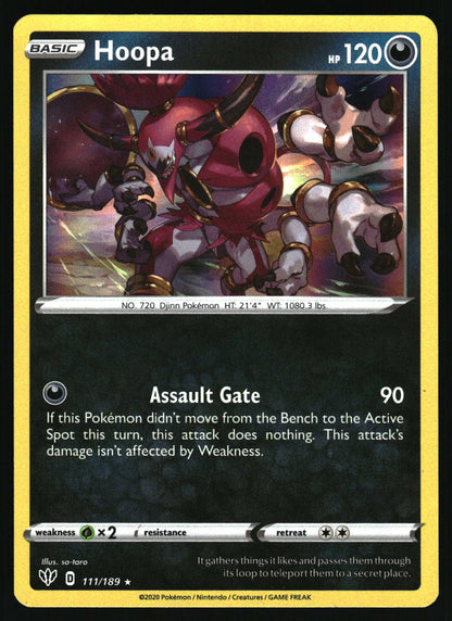 A Pokémon trading card featuring Hoopa, a red and white armored creature. The card has a yellow border, black and dark gray text area, and shows the attack name 'Assault Gate' with a power of 90.