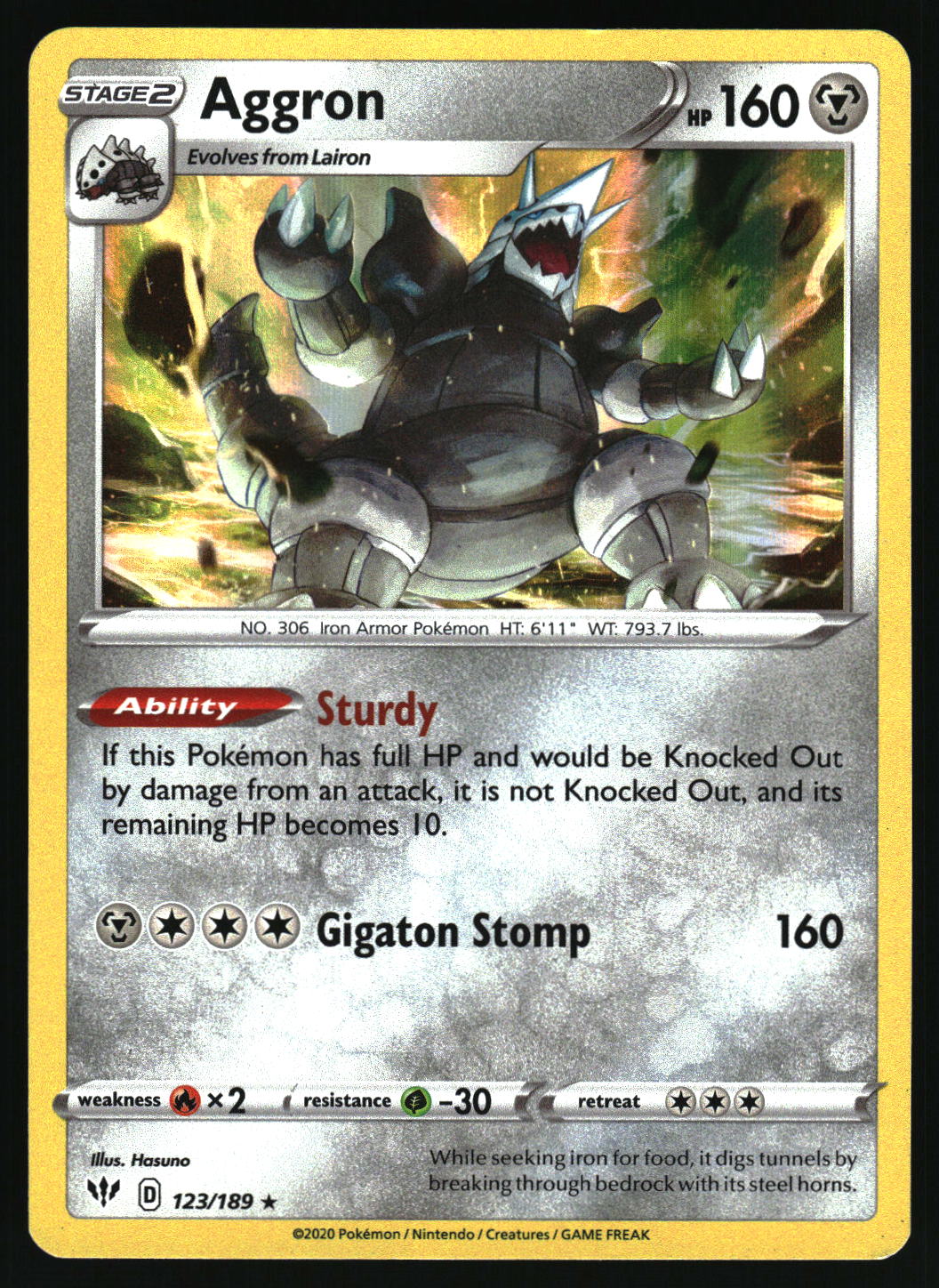 A single Pokémon trading card for Aggron, a Stage 2 Iron Armor Pokémon. The card features artwork of Aggron in a rocky, fiery environment, with stats, text, and Pokémon branding visible on a yellow-bordered card frame.