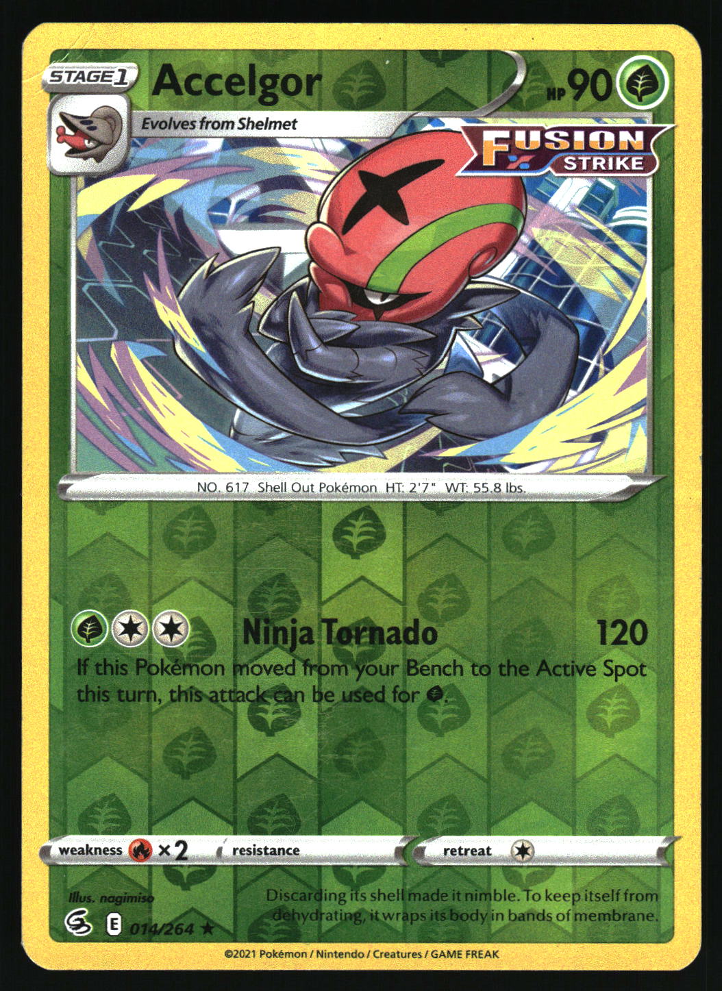A single Pokémon trading card featuring the character Accelgor, with the move name Ninja Tornado and a green patterned card face. The card has a yellow border and visible Pokémon/Fusion Strike branding.