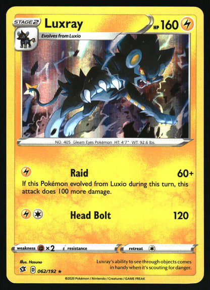A single Pokémon trading card for Luxray, shown front-facing against a plain light background. The card has a yellow-to-orange gradient border, a central artwork panel with a dark blue and black ray-like creature, and attack text reading Raid 60+ and Head Bolt 120.