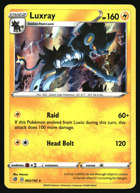 A single Pokémon trading card for Luxray, shown front-facing against a plain light background. The card has a yellow-to-orange gradient border, a central artwork panel with a dark blue and black ray-like creature, and attack text reading Raid 60+ and Head Bolt 120.