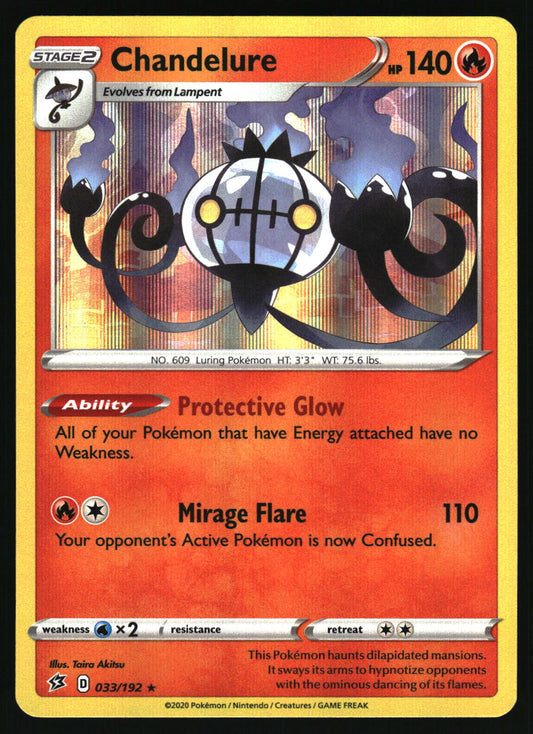A collectible Pokémon trading card for Chandelure, featuring a red-orange background with black and white artwork of the creature, stage and HP details, and the Pokémon logo at the bottom.