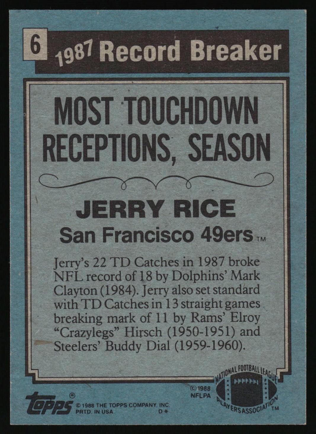 A vintage 1987 Topps football trading card featuring Jerry Rice as a record breaker for the San Francisco 49ers, with text detailing his 22 touchdown catches in a season.