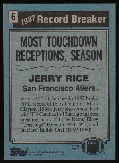 A vintage 1987 Topps football trading card featuring Jerry Rice as a record breaker for the San Francisco 49ers, with text detailing his 22 touchdown catches in a season.