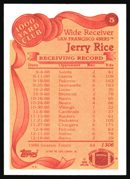 A vintage 1988 Topps Jerry Rice football trading card back, featuring a red and orange design with his receiving record and a '1000 Yard Club' badge.