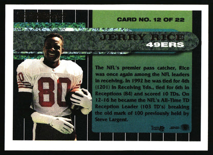 A vintage Jerry Rice 49ers football trading card, card number 12 of 22, featuring a photo of Rice in a white jersey with red numbers, along with biographical text on a black, green, and blue background.
