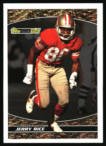 A Topps Jerry Rice trading card featuring a running football player in a red and beige San Francisco 49ers uniform, with the Topps logo in the top left and 'JERRY RICE' printed at the bottom.