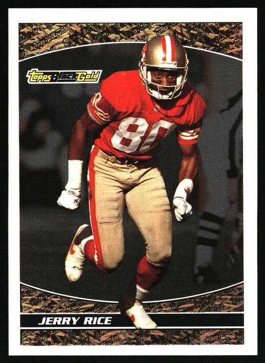 A Topps Jerry Rice trading card featuring a running football player in a red and beige San Francisco 49ers uniform, with the Topps logo in the top left and 'JERRY RICE' printed at the bottom.
