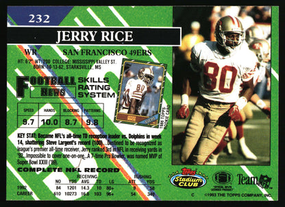 A vintage football trading card featuring Jerry Rice of the San Francisco 49ers, with a large action photo at the top, player statistics, team logos, and a green turf-style background.