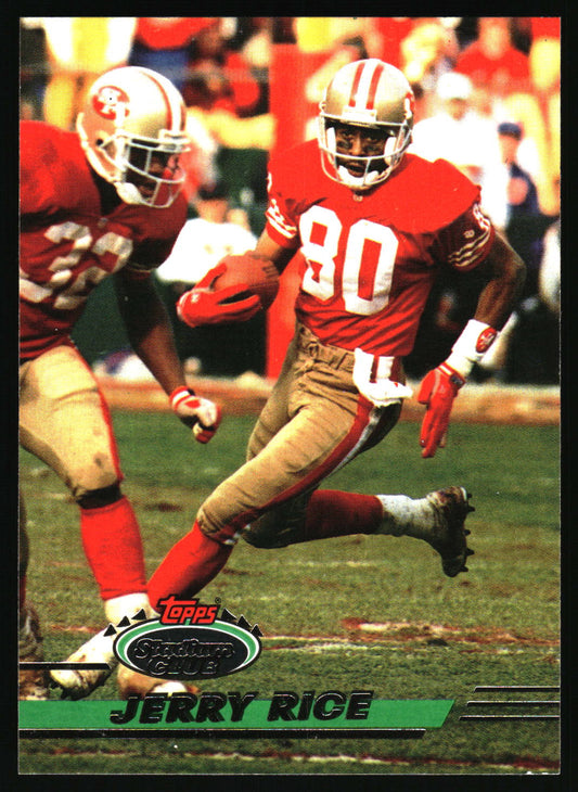 A Topps Stadium Club football trading card featuring Jerry Rice in a red San Francisco 49ers uniform with the number 80, running on the field.