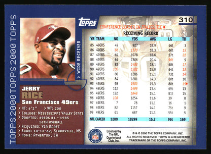 A vintage 2000 Topps Jerry Rice trading card, number 310, featuring a blue and white design with player statistics, a portrait photo, and a dark red vertical panel.