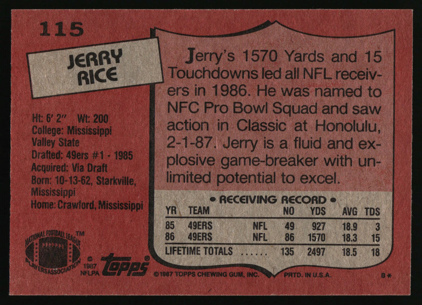 A vintage Jerry Rice NFL trading card back from 1995, featuring a reddish-brown background with white text boxes, player statistics, and a Topps logo at the bottom right.