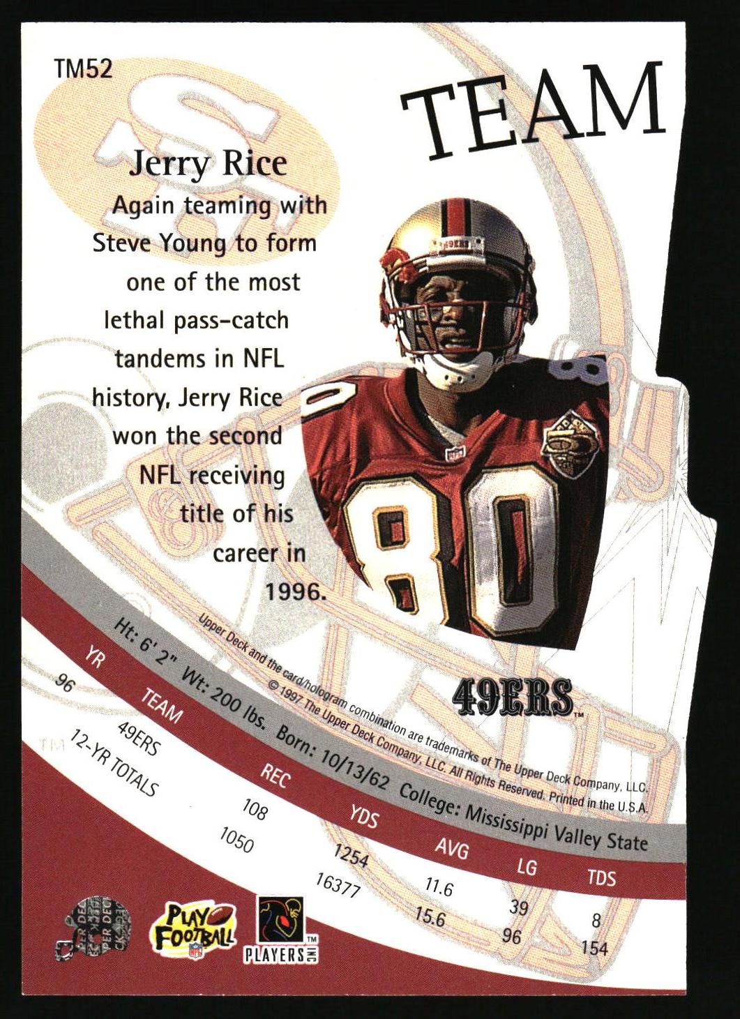 A vintage football trading card featuring Jerry Rice of the 49ers. The card has a maroon and gold design with a photo of Rice in his helmet, team statistics, and player info printed on a stylized background.
