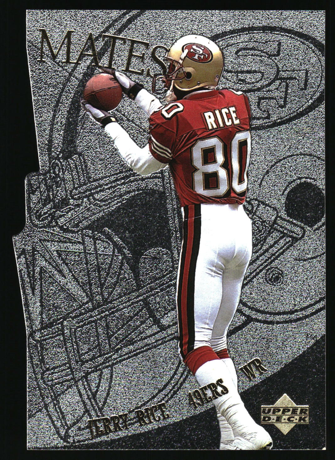 A vintage 1993 Upper Deck football trading card featuring Jerry Rice, number 80, in his San Francisco 49ers red and white uniform, holding a football. The card has a textured gray and black background with a large football helmet graphic.