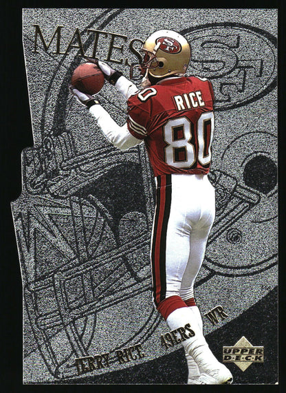 A vintage 1993 Upper Deck football trading card featuring Jerry Rice, number 80, in his San Francisco 49ers red and white uniform, holding a football. The card has a textured gray and black background with a large football helmet graphic.
