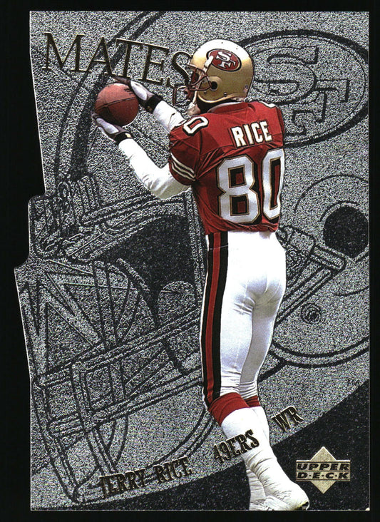 A vintage 1993 Upper Deck football trading card featuring Jerry Rice, number 80, in his San Francisco 49ers red and white uniform, holding a football. The card has a textured gray and black background with a large football helmet graphic.