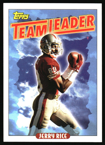 A vintage Topps Teamleader football trading card featuring player Jerry Rice in a red and white uniform against a blue sky background with a white border.