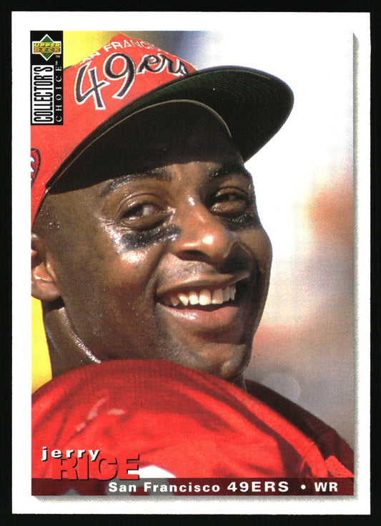 A vintage Jerry Rice San Francisco 49ers baseball trading card, showing a close-up portrait of Rice smiling in his team uniform with a 49ers cap.