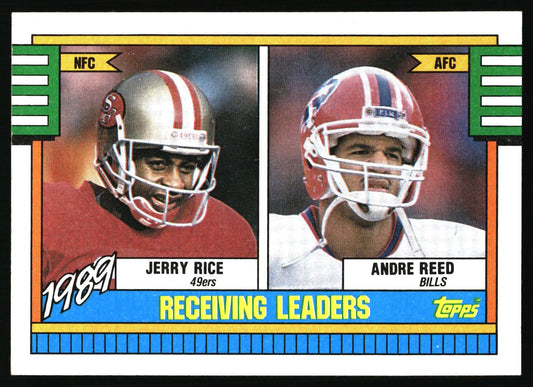 A vintage 1989 Topps football trading card featuring Jerry Rice and Andre Reed. The card is labeled 'Receiving Leaders' and shows both players in their respective team uniforms with helmets.