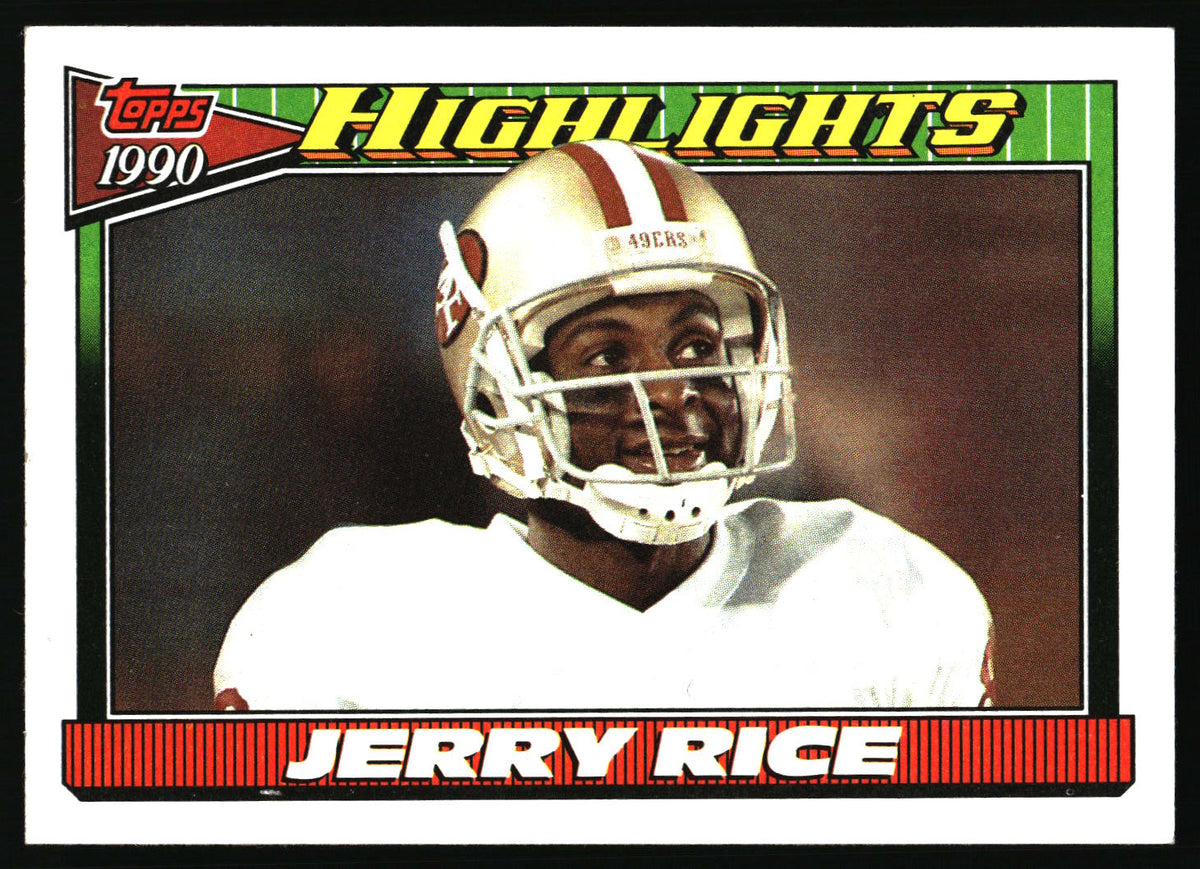 A vintage football trading card featuring a portrait of Jerry Rice wearing a white helmet and uniform, with 'HIGHLIGHTS' on the left and 'JERRY RICE' on the right, plus a 'Topps' logo at the bottom.