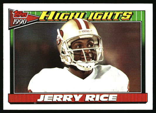 A vintage football trading card featuring a portrait of Jerry Rice wearing a white helmet and uniform, with 'HIGHLIGHTS' on the left and 'JERRY RICE' on the right, plus a 'Topps' logo at the bottom.