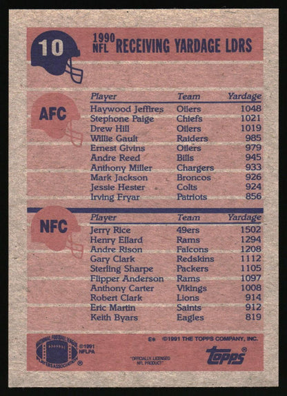 The back of a 1990 Topps football trading card, featuring player statistics for NFL Receiving Yardage LDRS. The card has a textured tan background with dark blue and pinkish-red printed text and graphics, including player names like Haywood Jeffreets, Drew Hill, and Jerry Rice.