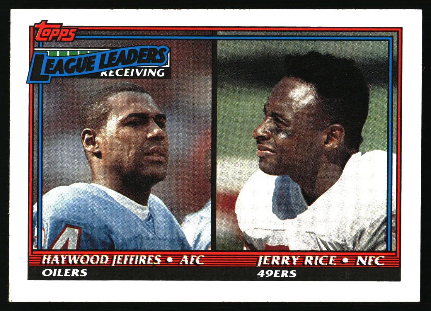 A vintage 1990 Topps football trading card featuring a split portrait of Jeff Gribble and Jerry Rice. The card is labeled 'League Leaders Receiving' and shows the Topps logo in the top left corner.