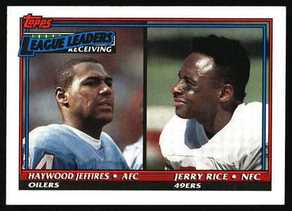 A vintage 1990 Topps football trading card featuring a split portrait of Jeff Gribble and Jerry Rice. The card is labeled 'League Leaders Receiving' and shows the Topps logo in the top left corner.