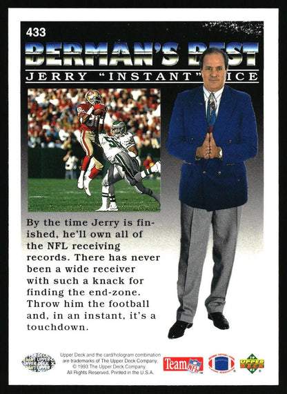 A collectible sports trading card featuring Jerry 'Instant Pace' Berman, with a large portrait of him in a blue blazer, a football action photo, and printed text on a white card with black border.