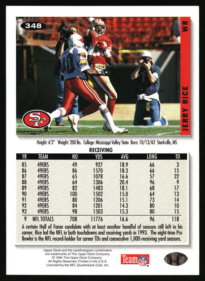 A collectible 1993 Pro Bowl trading card for Jerry Rice, showing his football action photo, team logo, biographical details, and a comprehensive career statistics table on a white card back.