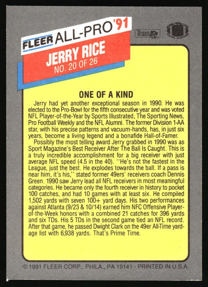 Fleer All Pro 1991 Jerry Rice No. 20 of 26 One of a Kind