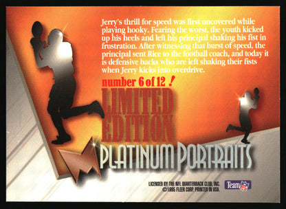 A collectible sports trading card featuring a portrait of Jerry Rice with text, silhouettes, and a bright orange-to-yellow gradient background. The card includes the title 'Platinum Portraits' and 'number 6 of 12!'.