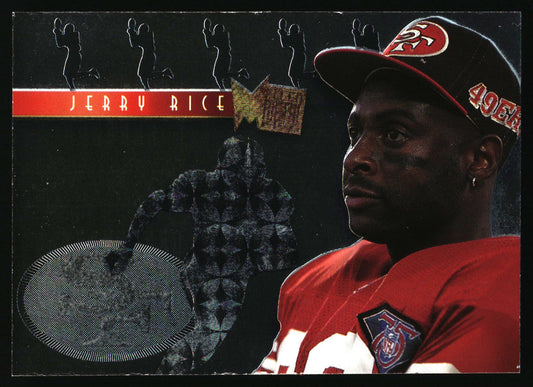 A collectible baseball trading card featuring a close-up portrait of Jerry Rice wearing a red jersey and San Francisco 49ers cap, with a black background and a vertical red nameplate reading 'JERRY RICE'.