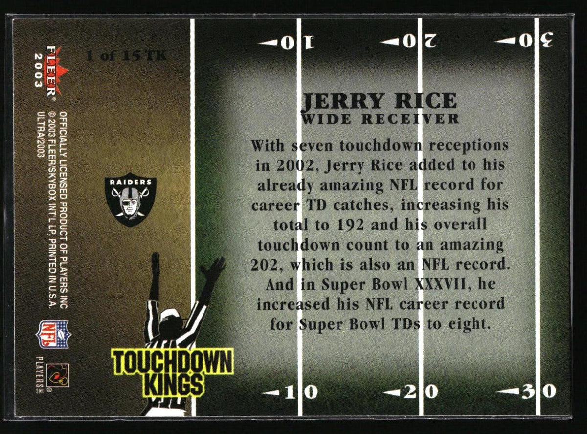 A collectible football trading card featuring Jerry Rice, a wide receiver for the Oakland Raiders. The card has a dark green and black football field background with white yard lines and text detailing his 2002 touchdown receptions and NFL records.