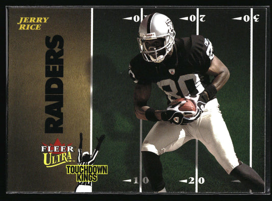 A 1995 Fleer NFL trading card featuring Jerry Rice of the Oakland Raiders. The card has a black border and shows a football player in a black and silver Raiders uniform running down the field, with 'RAIDERS' and 'JERRY RICE' printed on a dark green turf background.