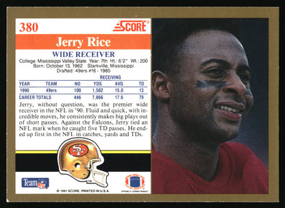 A vintage 1991 football trading card of wide receiver Jerry Rice, featuring his career statistics, team logos, and a close-up portrait on the front.