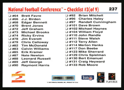 A back-side view of a football trading card showing a checklist of National Football Conference players with player numbers and names, printed on a white card with red and black text and small team logos.