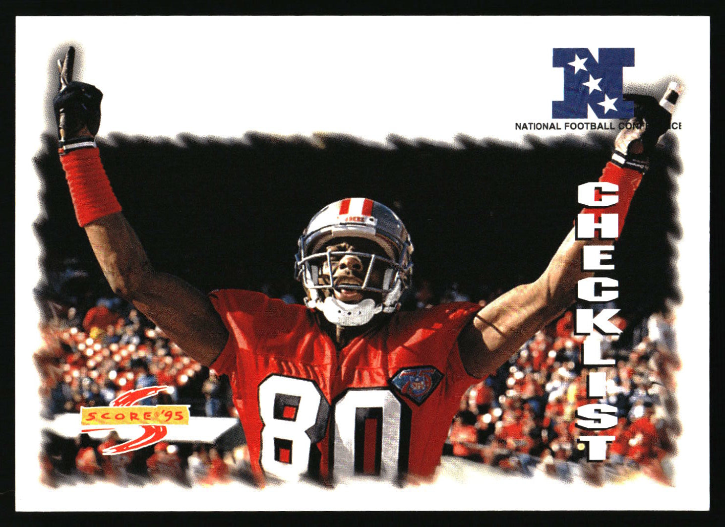 A football trading card featuring a player in a red uniform with the number 80, set against a white background with a black textured center panel and printed graphics including 'National Football League' and a 'Score 25' logo.