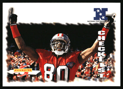 A football trading card featuring a player in a red uniform with the number 80, set against a white background with a black textured center panel and printed graphics including 'National Football League' and a 'Score 25' logo.