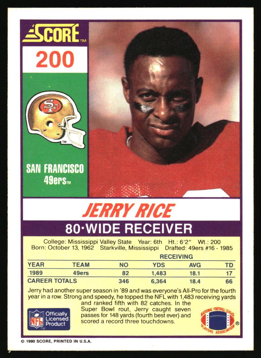 A vintage 1990 Score football trading card featuring Jerry Rice, San Francisco 49ers wide receiver. The card has a purple border, a green panel with a gold helmet logo, and a portrait of Jerry Rice with face paint.