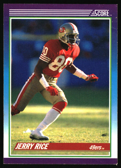 A vintage football trading card featuring Jerry Rice of the San Francisco 49ers. The card has a purple border with 'SCORE' at the top right and 'JERRY RICE' and '49ers' printed at the bottom.