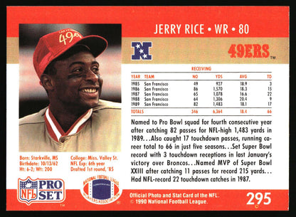 1990 NFL stat card Jerry Rice WR #80 49ers