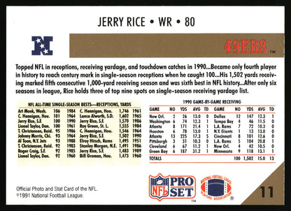 1991 NFL Pro Set #11 Jerry Rice WR 80 all time single season bests