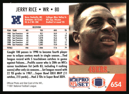 NFL Pro Set No. 654 Jerry Rice stats