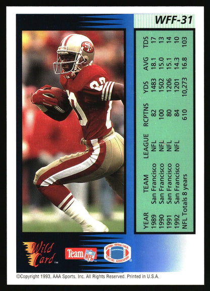 A vintage football trading card showing San Francisco 49ers player Warren Moon in action, with team statistics printed on the right and Wild Card branding at the bottom.