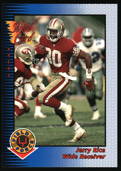 A vintage football trading card featuring Jerry Rice, wide receiver for the San Francisco 49ers. The card has a blue border with 'Wild Card 49ers' text and a 'Field Force' logo, showing a photo of Jerry Rice in his red and gold uniform running on the field.
