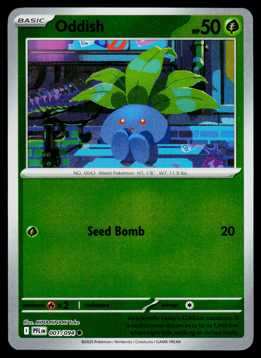A single Pokémon trading card featuring the character Oddish, a blue seed-pod type creature with green leaves. The card has a green lower half with the text 'Seed Bomb' and a silver border around the card.