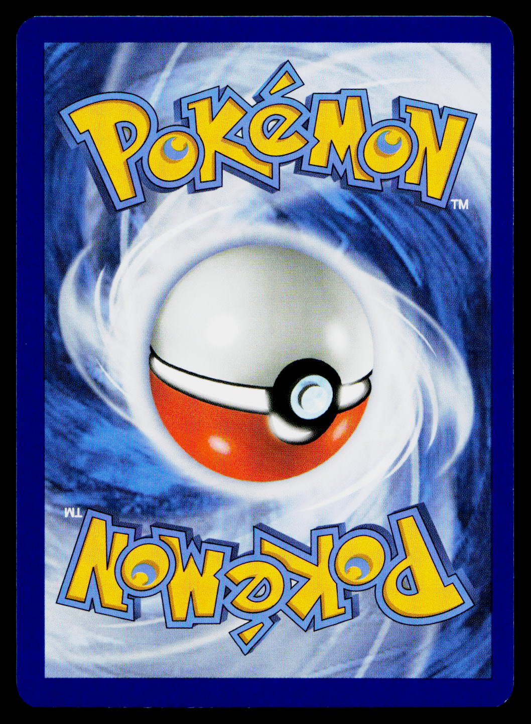 A Pokémon card back featuring the yellow and blue Pokémon logo at the top and bottom, with a white and red Poké Ball centered over a swirling blue background.